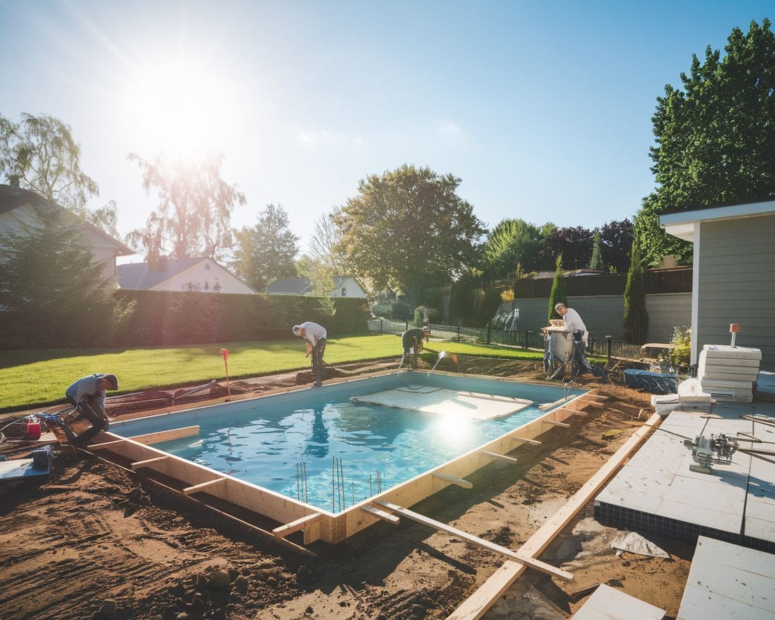 Basen ogrodowy z leżakami przy wodzie