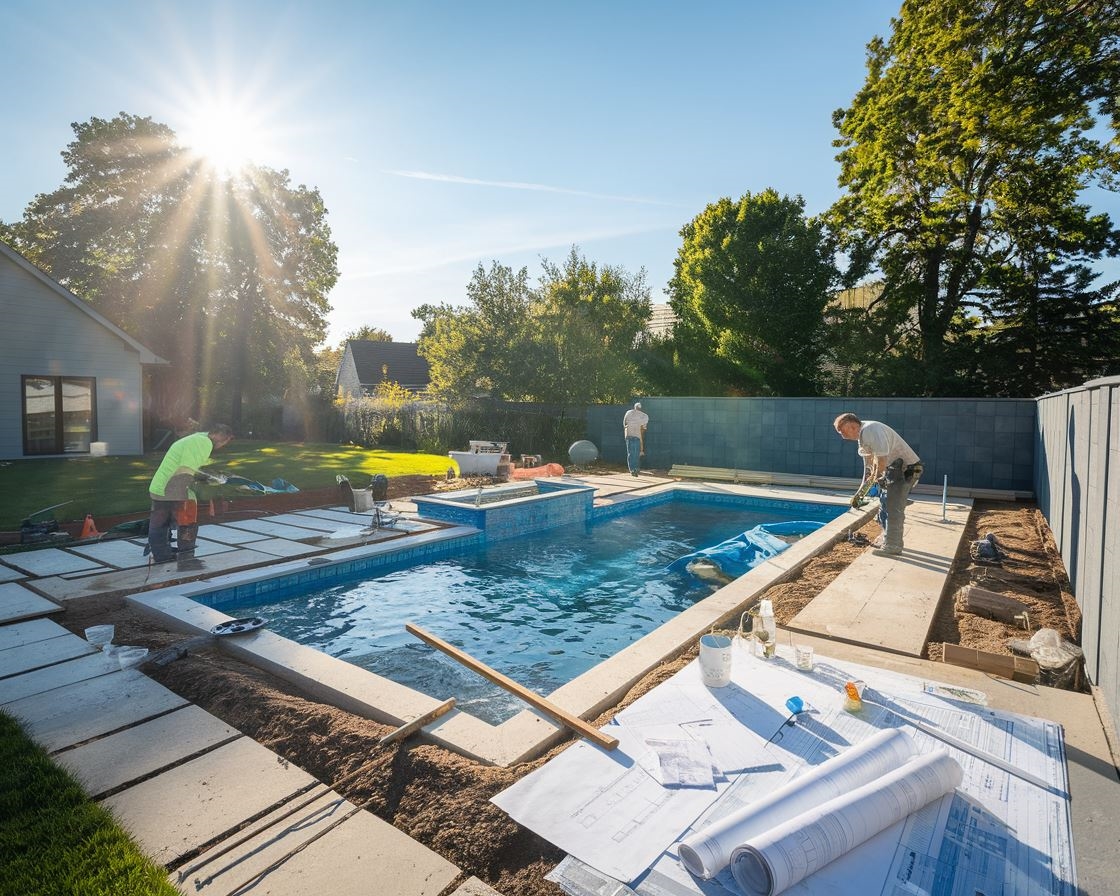 Basen w ogrodzie na tle słońca