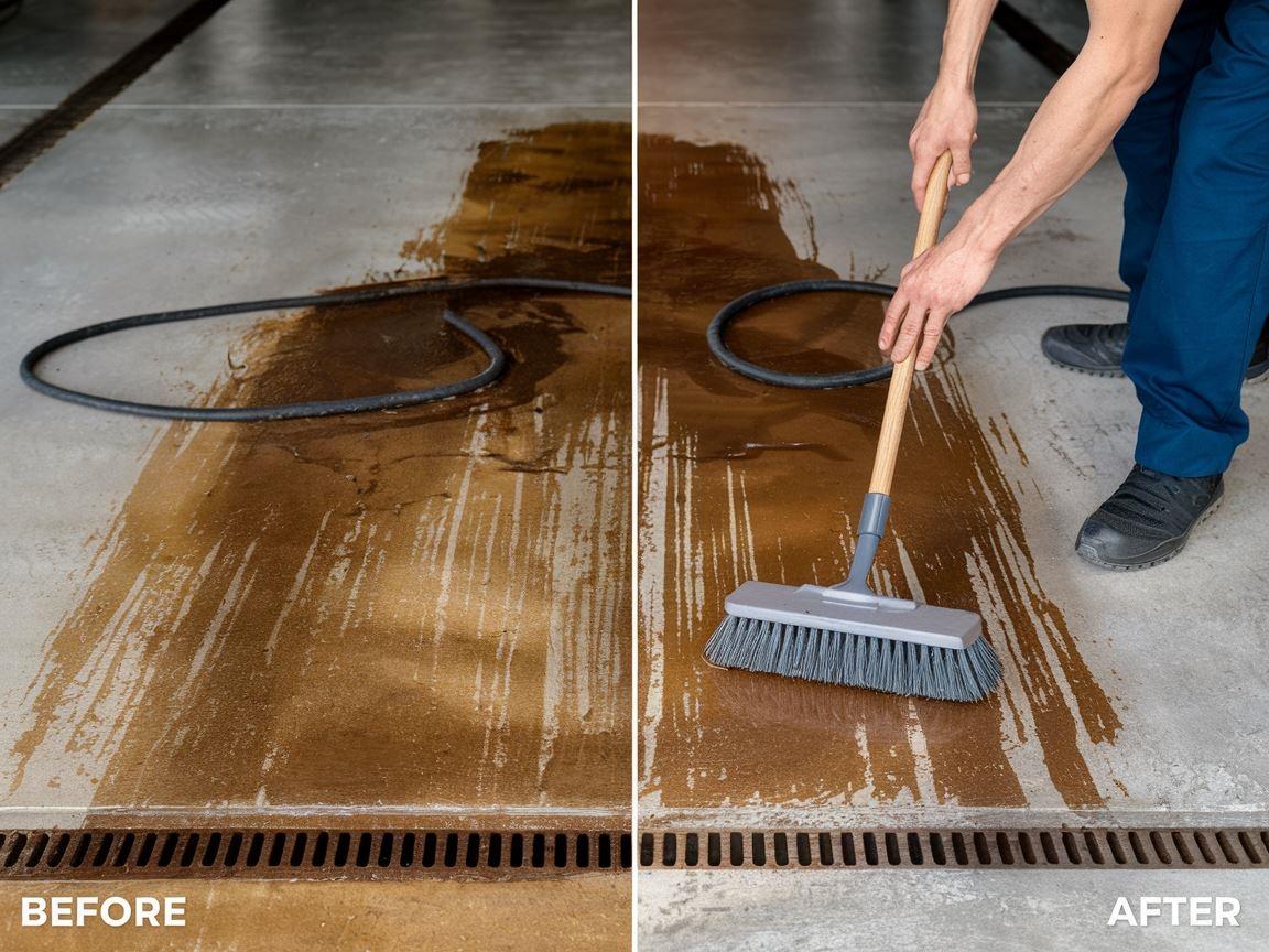 Betoniarka w garażu z plamą oleju