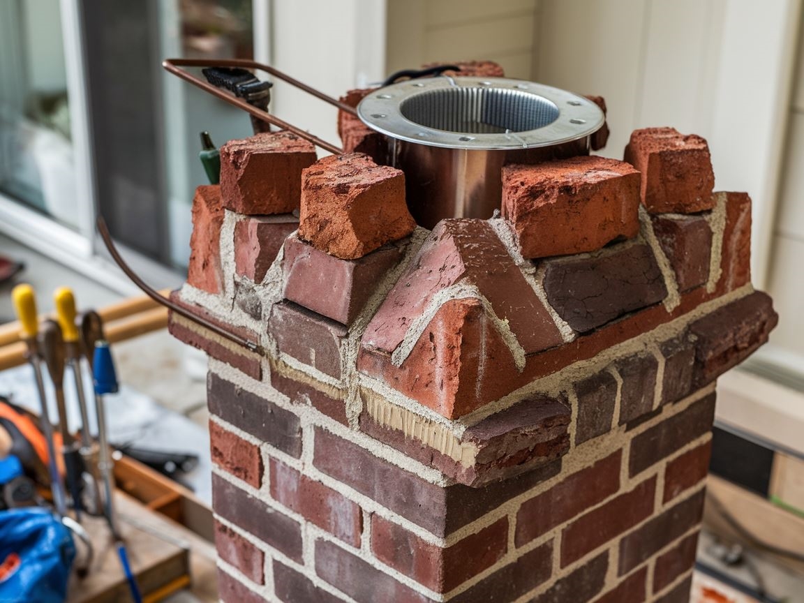 Cegła i wkład kominowy podczas instalacji