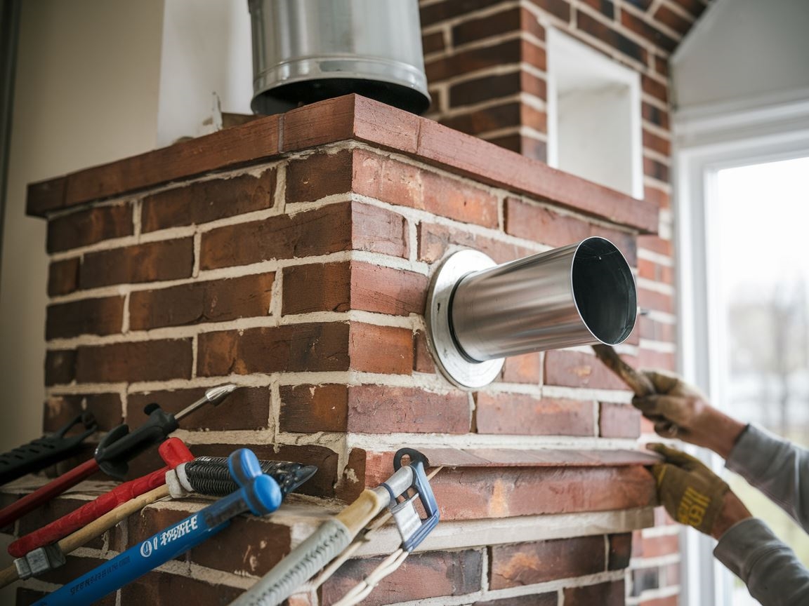 Komin z cegły w trakcie konserwacji