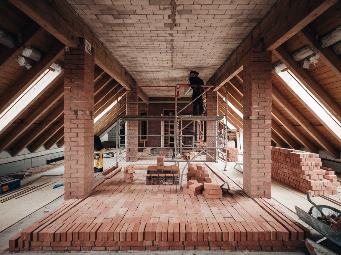 Murarze przy budowie ścianki działowej na poddaszu