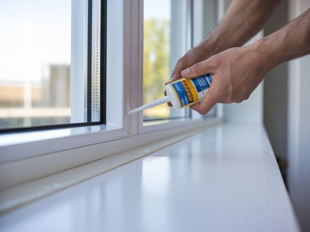 Prace przy oknie z użyciem pistoletu do uszczelniania