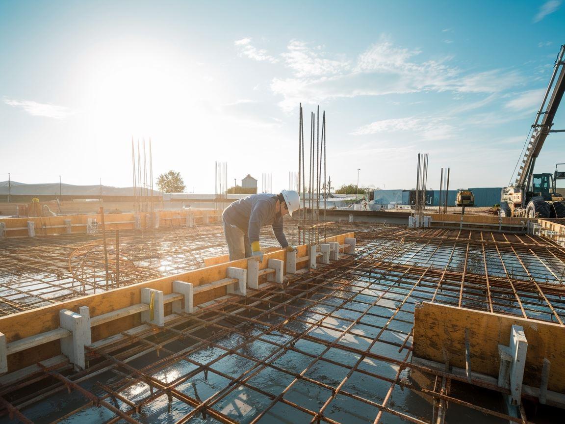 Pracownik budowlany kontrolujący fundamenty