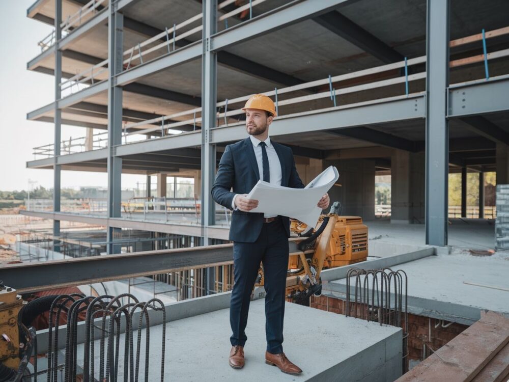Pracownik budowlany w kasku z planami budowy