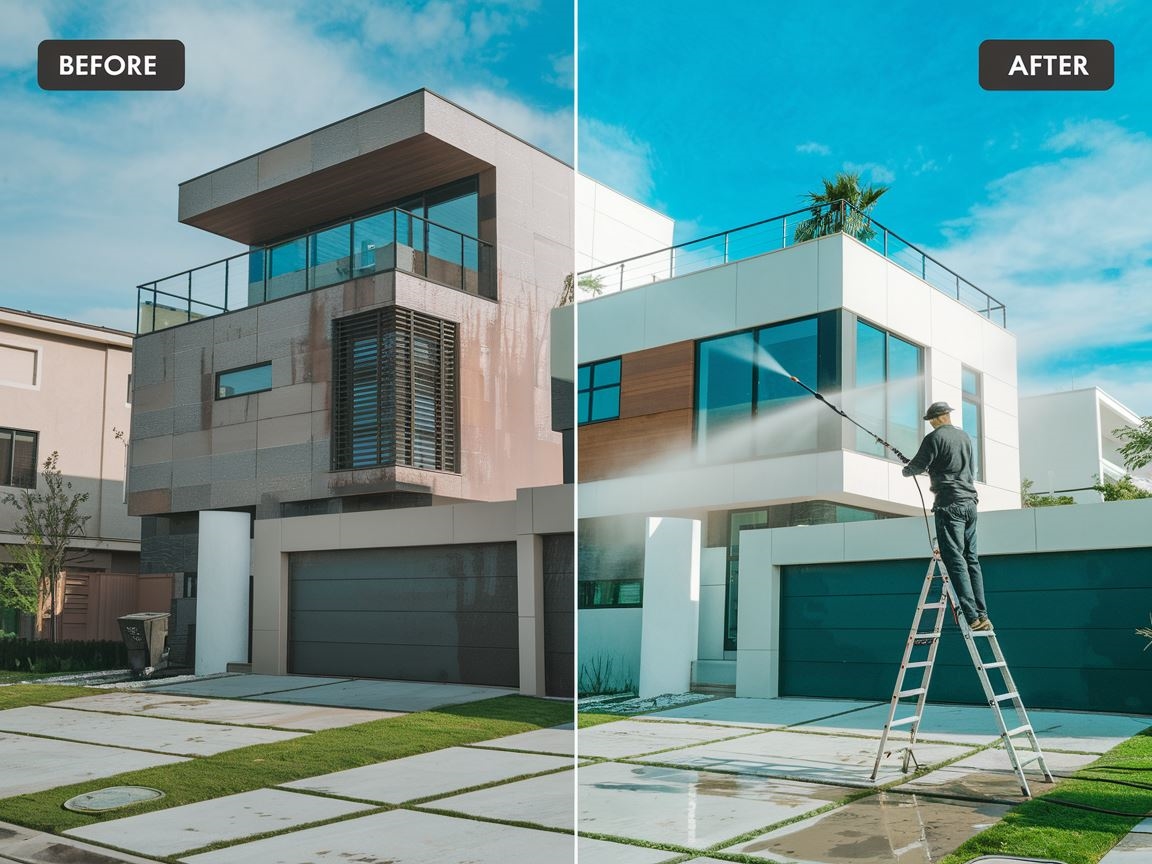 Przed i po myciu elewacji