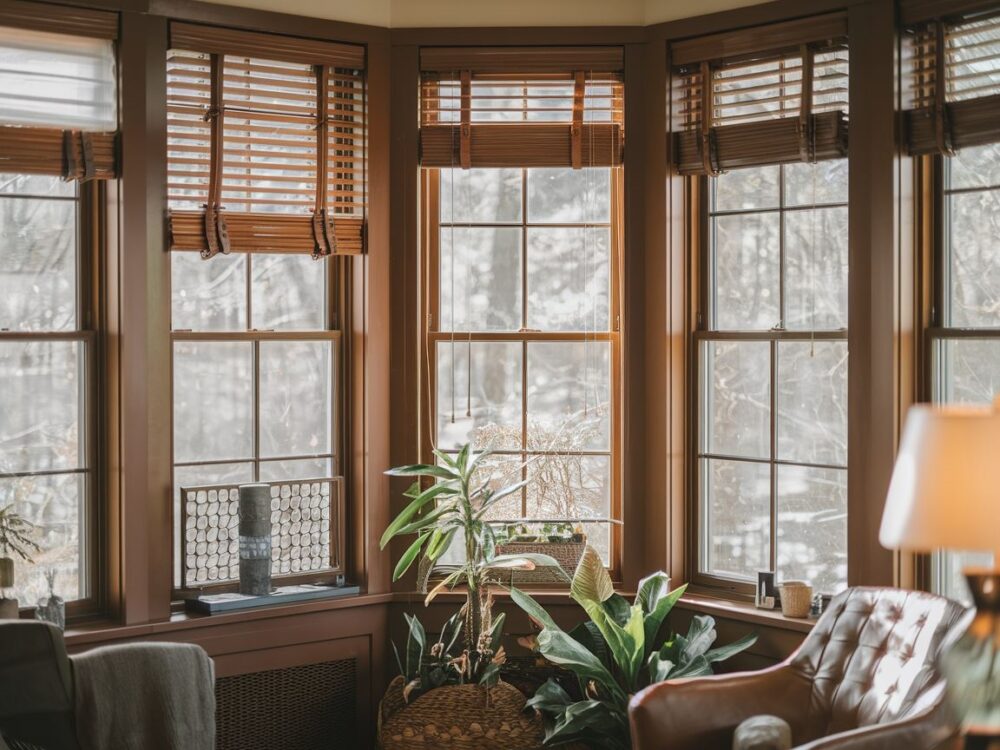 Rolety rzymskie w pomieszczeniu z brązowymi oknami