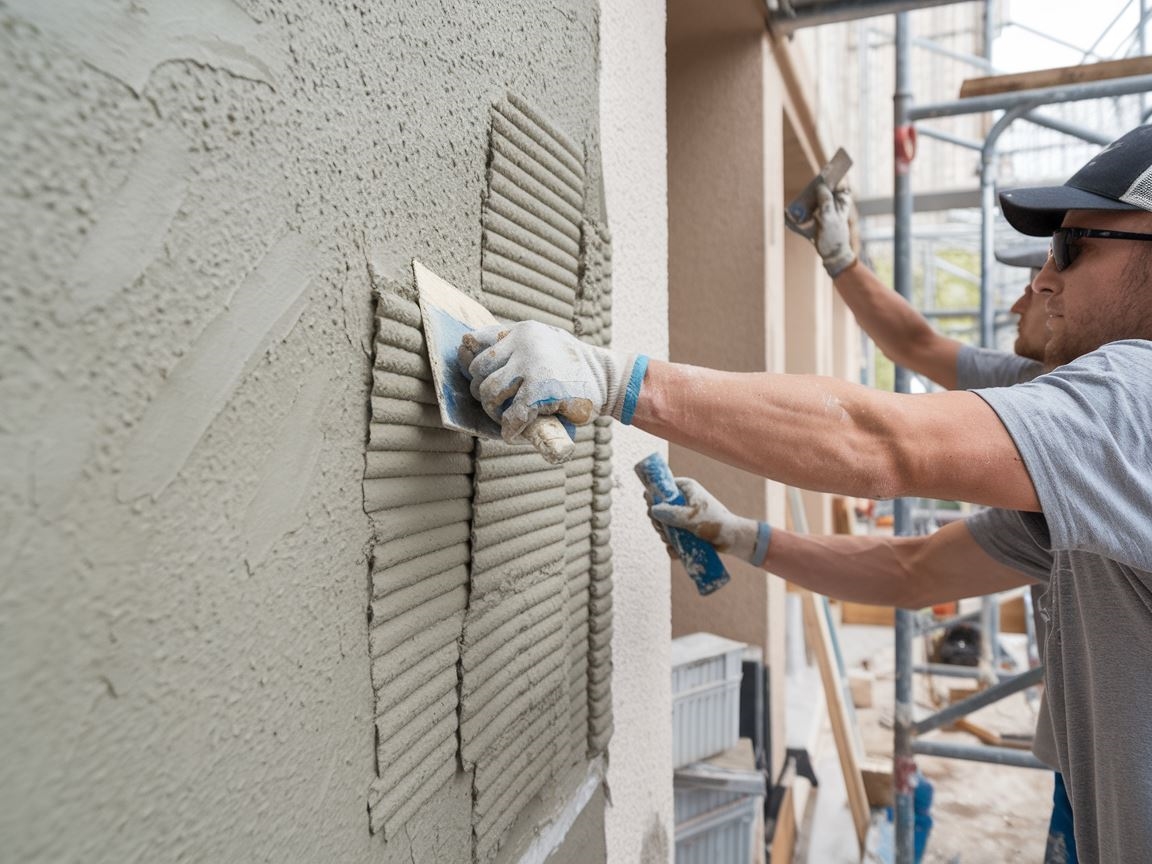 Tynkowanie barankiem na ścianie budynku