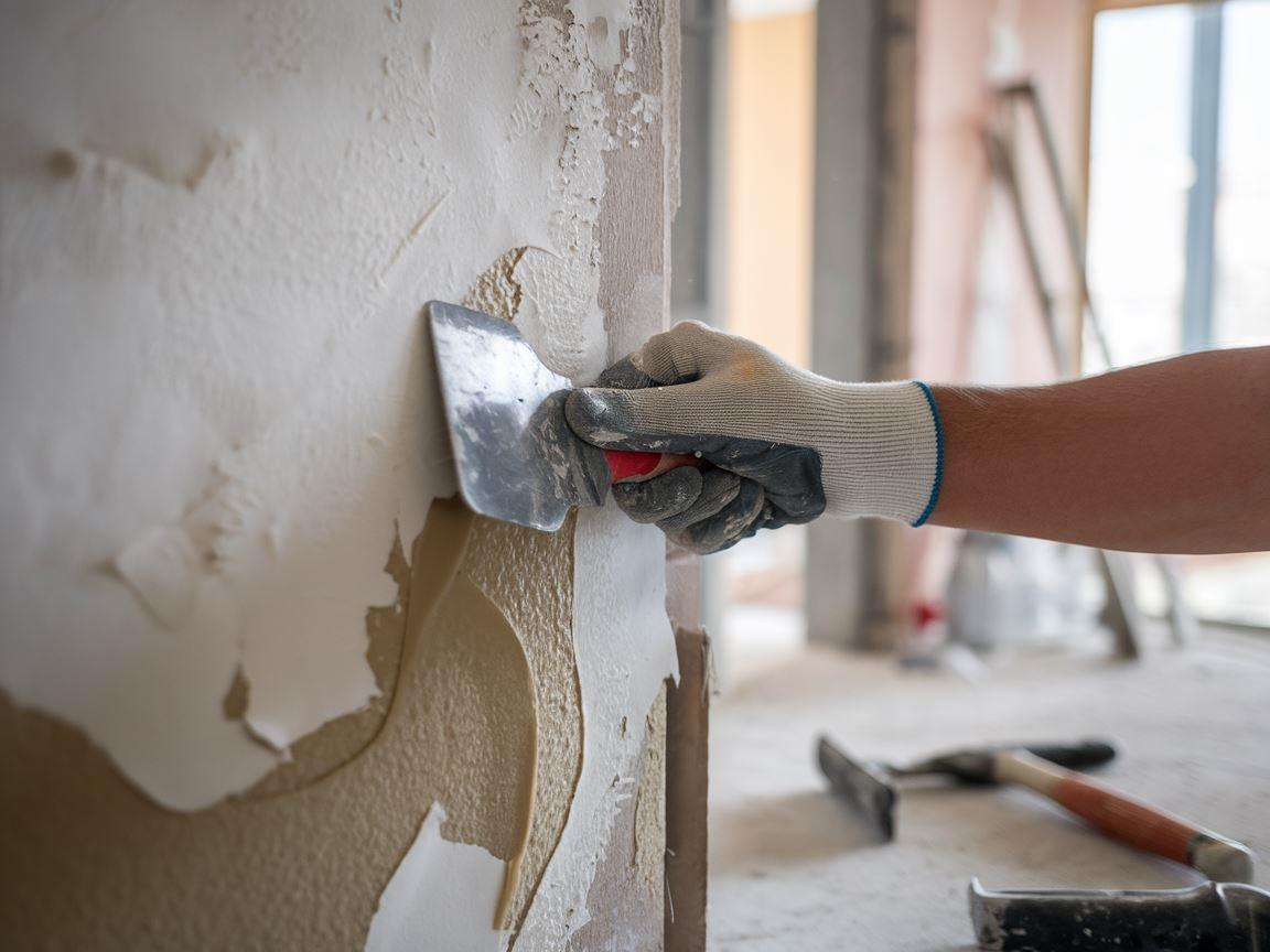 Usuwanie starego tynku z nierównej ściany