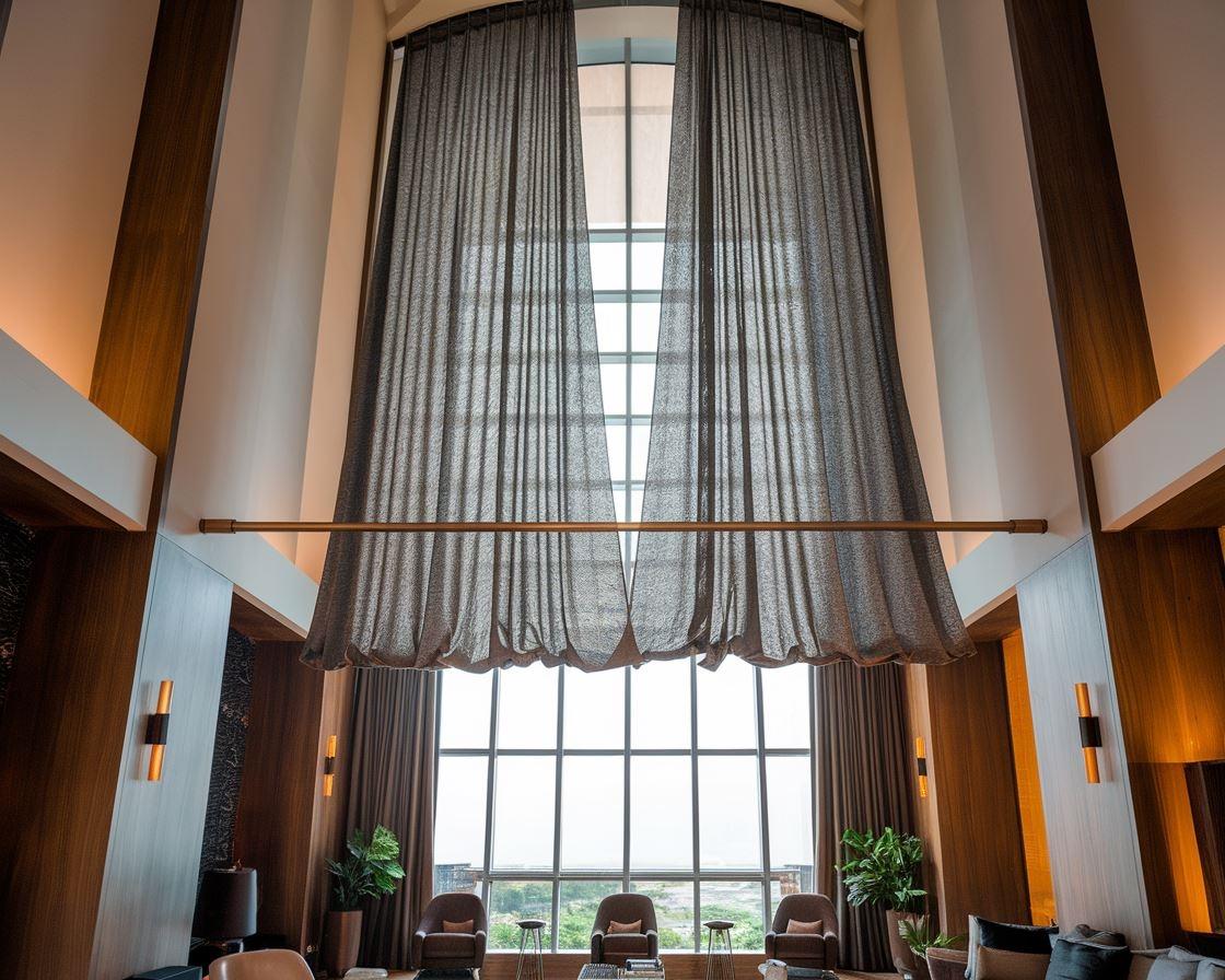 Wysoko zawieszone firany w nowoczesnym salonie